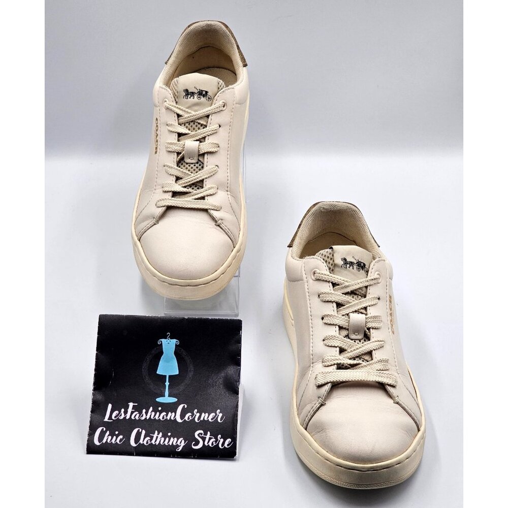 Coach Women's Beige Brown Logo Leather Clip Low-Top Sneakers Size 7.5B 2390 - Picture 3 of 16